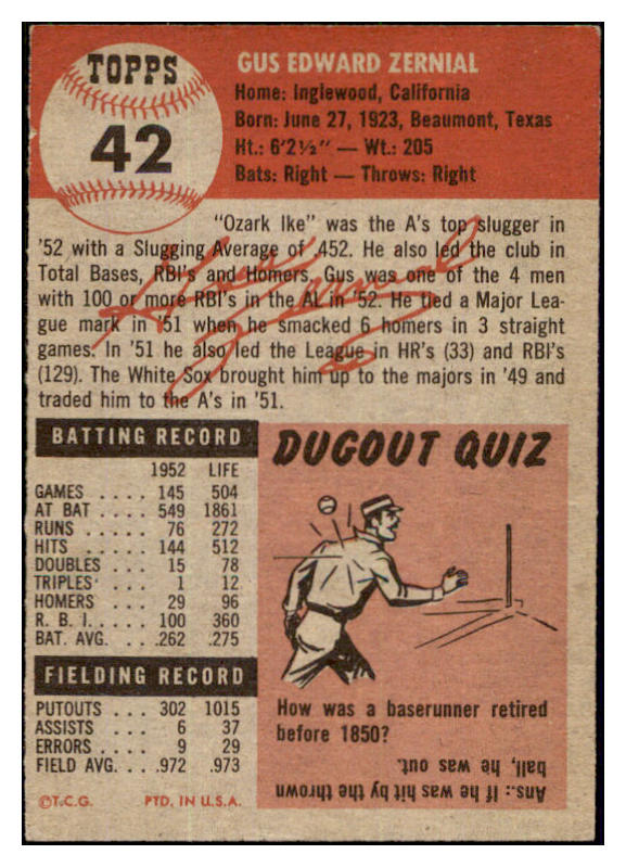 1953 Topps Baseball #042 Gus Zernial A's EX 498379