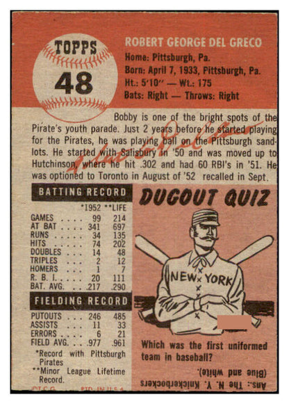 1953 Topps Baseball #048 Bob Del Greco Pirates EX-MT 498402