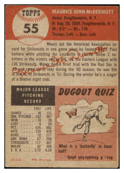 1953 Topps Baseball #055 Maurice McDermott Red Sox VG-EX 498426