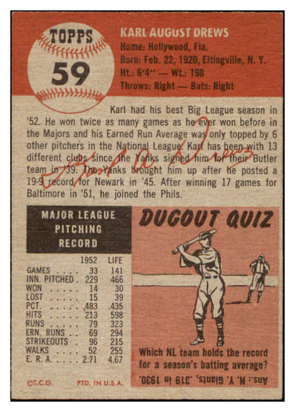 1953 Topps Baseball #059 Karl Drews Phillies EX-MT 498438