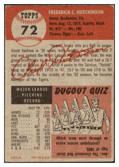 1953 Topps Baseball #072 Fred Hutchinson Tigers VG-EX 498484
