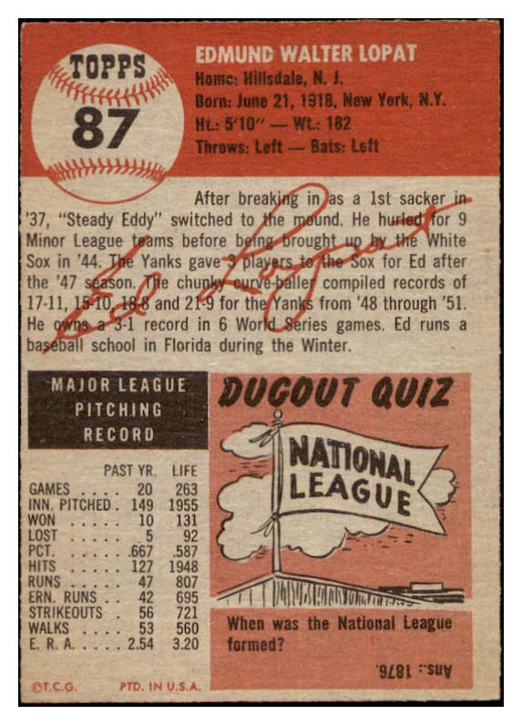 1953 Topps Baseball #087 Eddie Lopat Yankees EX 498515