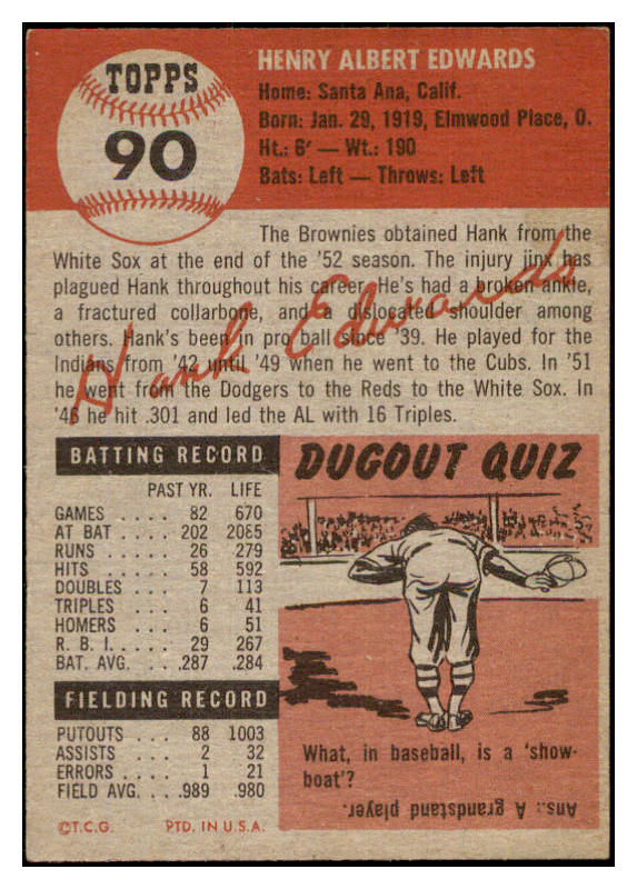 1953 Topps Baseball #090 Hank Edwards Browns EX 498525
