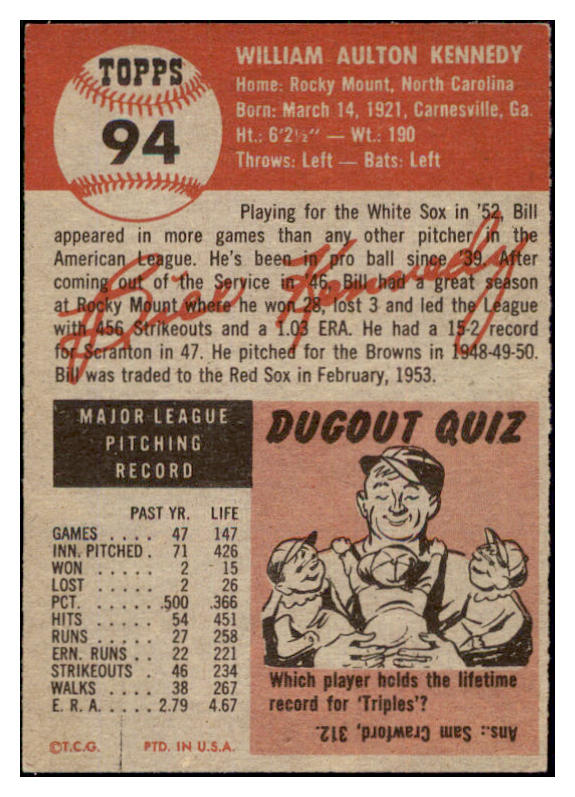 1953 Topps Baseball #094 Bill Kennedy Red Sox EX 498538