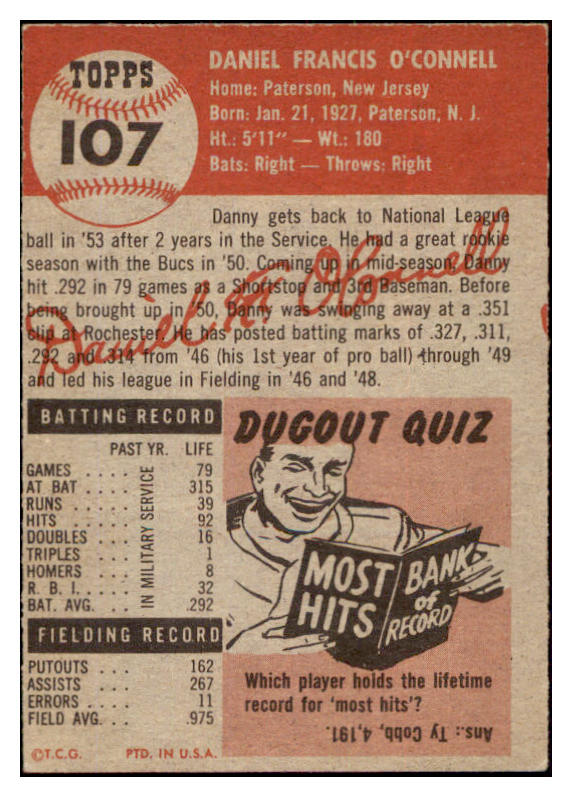 1953 Topps Baseball #107 Danny O'Connell Pirates EX 498582