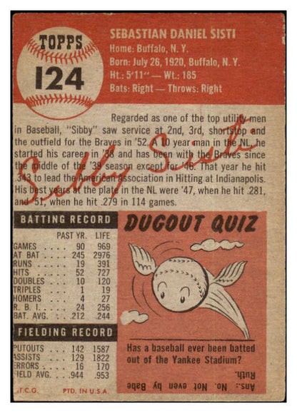 1953 Topps Baseball #124 Sibby Sisti Braves EX 498630