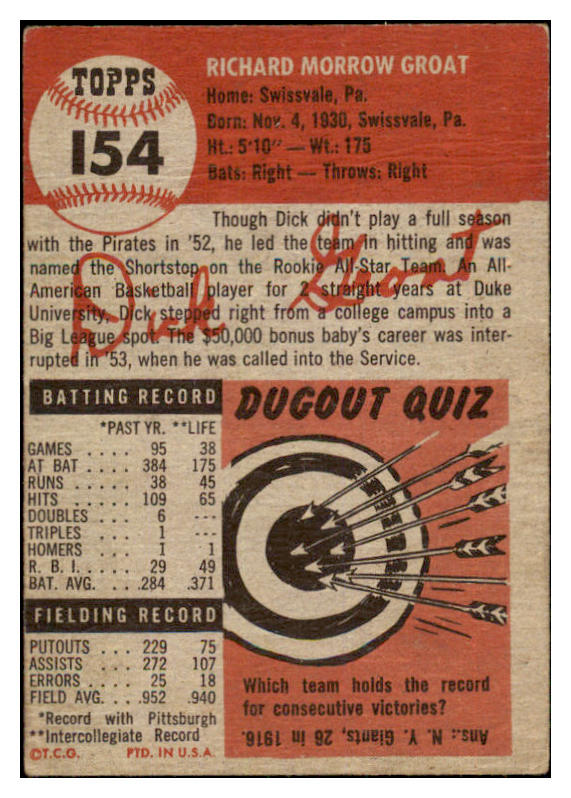 1953 Topps Baseball #154 Dick Groat Pirates EX 498713
