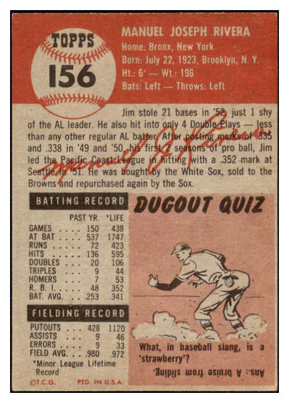 1953 Topps Baseball #156 Jim Rivera White Sox EX-MT 498717