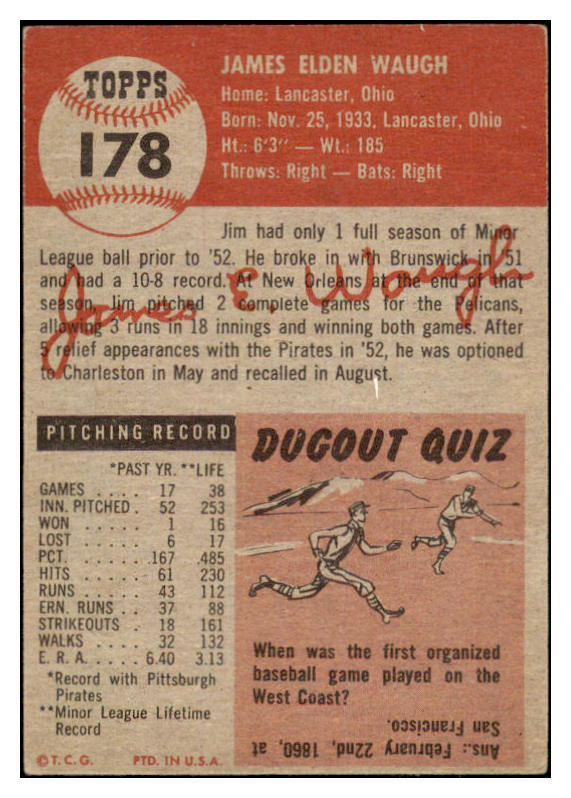 1953 Topps Baseball #178 Jim Waugh Pirates EX 498799