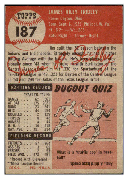 1953 Topps Baseball #187 Jim Fridley Indians EX-MT 498830