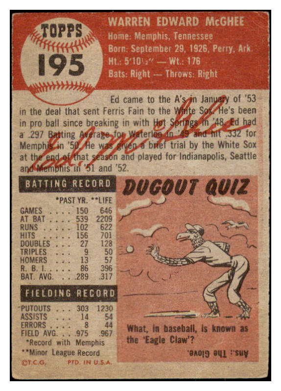 1953 Topps Baseball #195 Ed McGhee A's VG-EX 498854