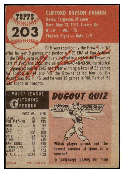 1953 Topps Baseball #203 Cliff Fannin Browns EX 498880