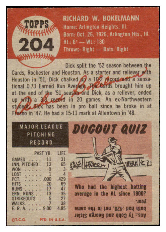 1953 Topps Baseball #204 Dick Bokelmann Cardinals EX 498882