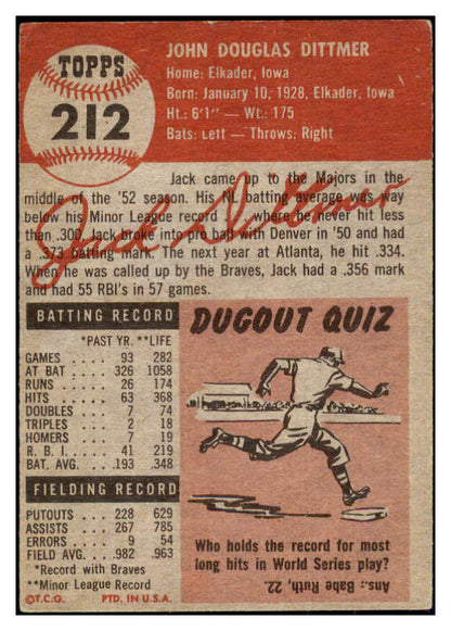 1953 Topps Baseball #212 Jack Dittmer Braves VG-EX 498912