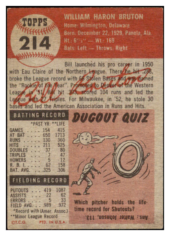 1953 Topps Baseball #214 Bill Bruton Braves EX 498918