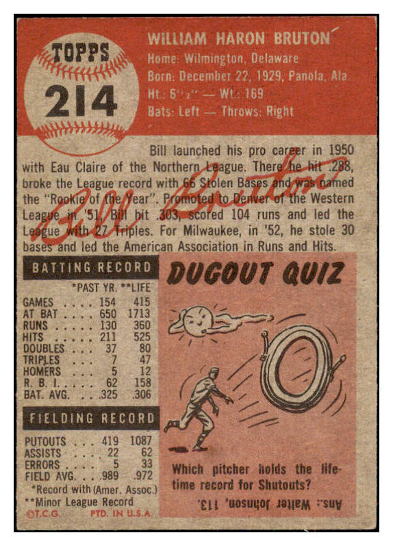 1953 Topps Baseball #214 Bill Bruton Braves GD-VG 498919