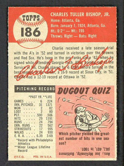 1953 Topps Baseball #186 Charlie Bishop A's NR-MT 499020