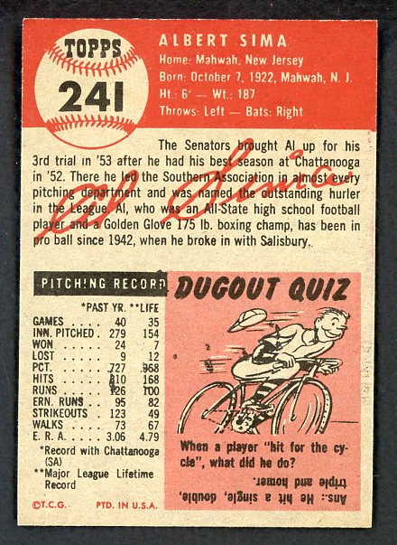 1953 Topps Baseball #241 Al Sima Senators NR-MT 499025
