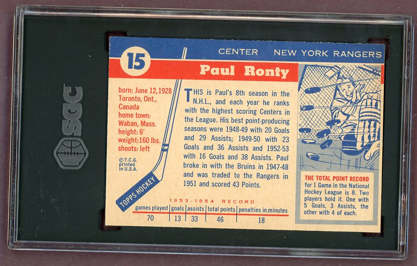 1954 Topps Hockey #015 Paul Ronty Rangers SGC 6 EX-MT 500065