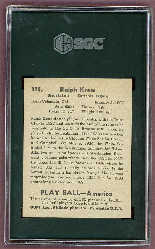 1939 Play Ball #115 Ralph Kress Tigers SGC 1.5 FR 500254