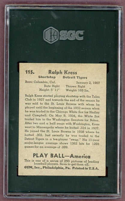 1939 Play Ball #115 Ralph Kress Tigers SGC 1.5 FR 500254
