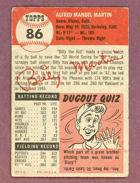 1953 Topps Baseball #086 Billy Martin Yankees VG-EX 500692