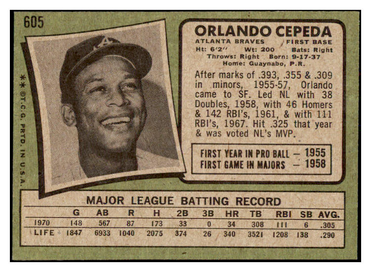 1971 Topps Baseball #605 Orlando Cepeda Braves EX 500954