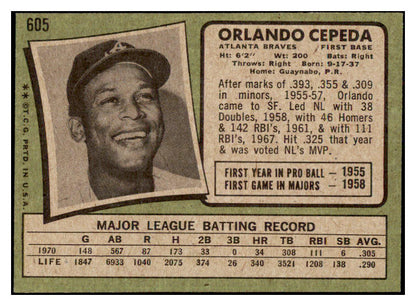 1971 Topps Baseball #605 Orlando Cepeda Braves EX 500954