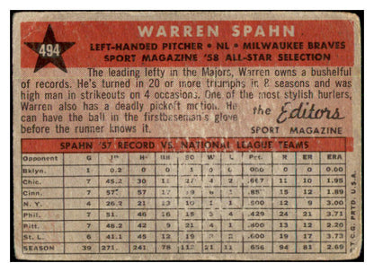 1958 Topps Baseball #494 Warren Spahn A.S. Braves Good 501201