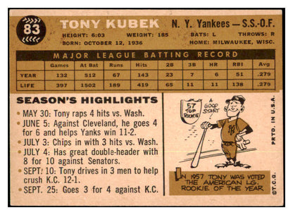 1960 Topps Baseball #083 Tony Kubek Yankees EX-MT 501217