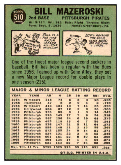 1967 Topps Baseball #510 Bill Mazeroski Pirates EX-MT 501241