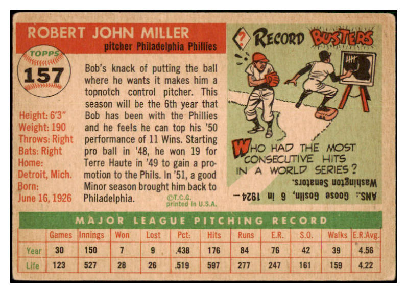 1955 Topps Baseball #157 Bob Miller Phillies EX 501304