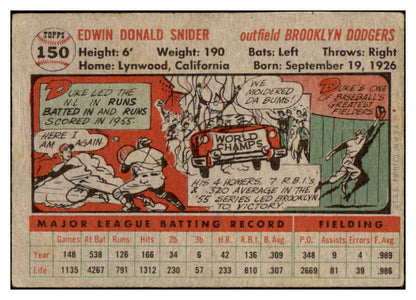 1956 Topps Baseball #150 Duke Snider Dodgers VG Gray 501563