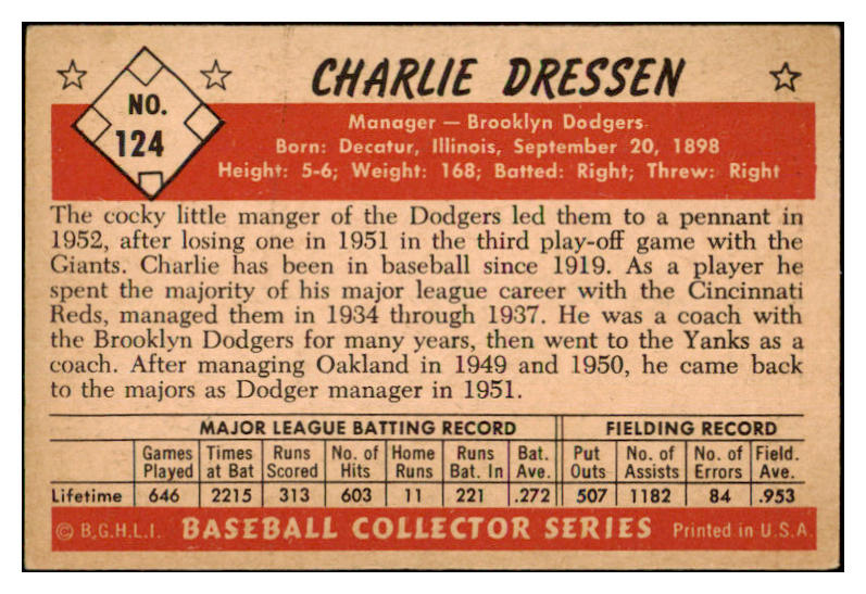 1953 Bowman Color Baseball #124 Charlie Dressen Dodgers EX 501626