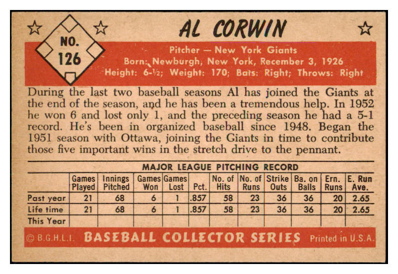 1953 Bowman Color Baseball #126 Al Corwin Giants NR-MT 501633