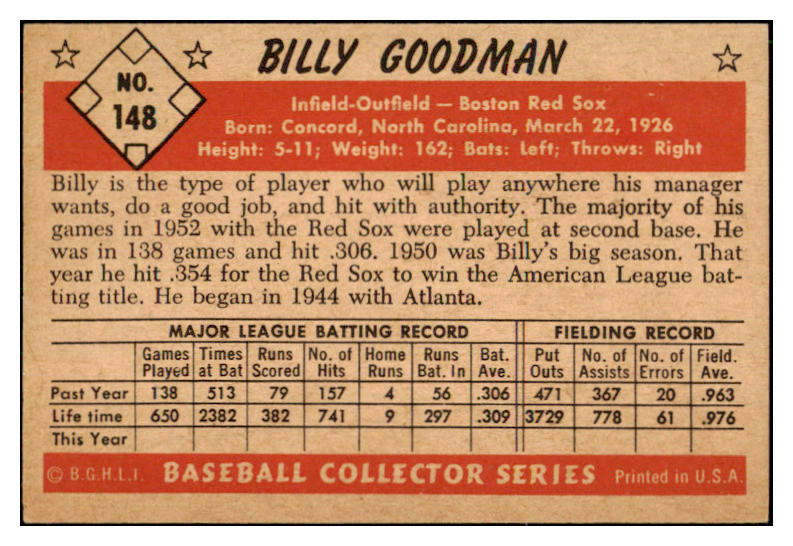1953 Bowman Color Baseball #148 Billy Goodman Red Sox EX-MT 501693