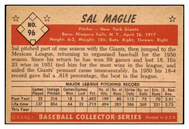 1953 Bowman Color Baseball #096 Sal Maglie Giants EX-MT 501739