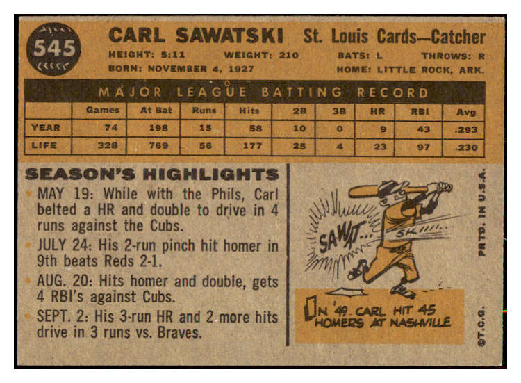1960 Topps Baseball #545 Carl Sawatski Cardinals EX-MT 502043