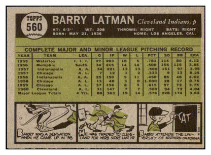 1961 Topps Baseball #560 Barry Latman Indians EX-MT 502162
