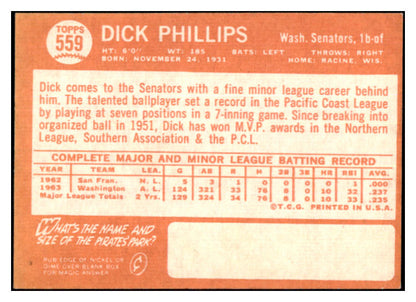 1964 Topps Baseball #559 Dick Phillips Senators EX-MT 502200