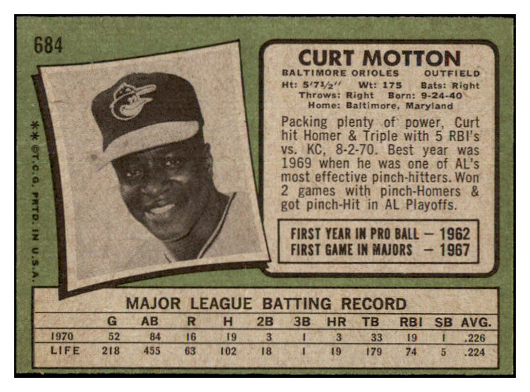 1971 Topps Baseball #684 Curt Motton Orioles NR-MT 502468