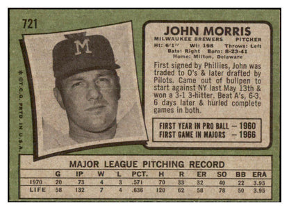 1971 Topps Baseball #721 John Morris Brewers NR-MT 502482