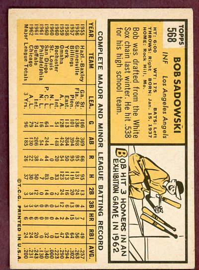1963 Topps Baseball #568 Bob Sadowski Angels VG-EX 503482