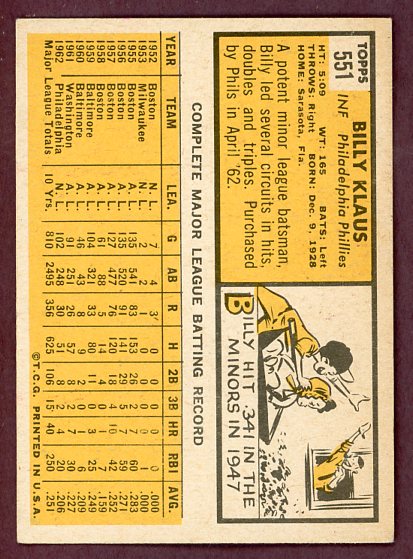 1963 Topps Baseball #551 Billy Klaus Phillies VG-EX 503495