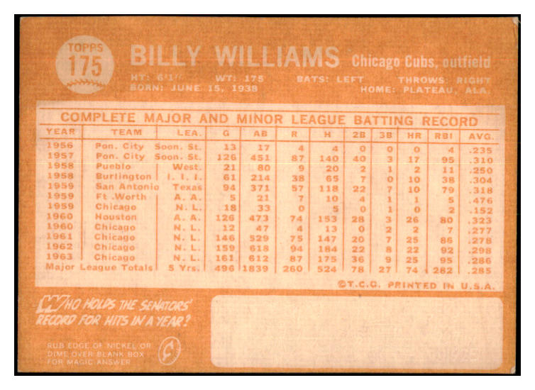 1964 Topps Baseball #175 Billy Williams Cubs EX-MT 503556