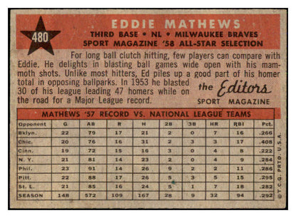 1958 Topps Baseball #480 Eddie Mathews A.S. Braves EX-MT 503619