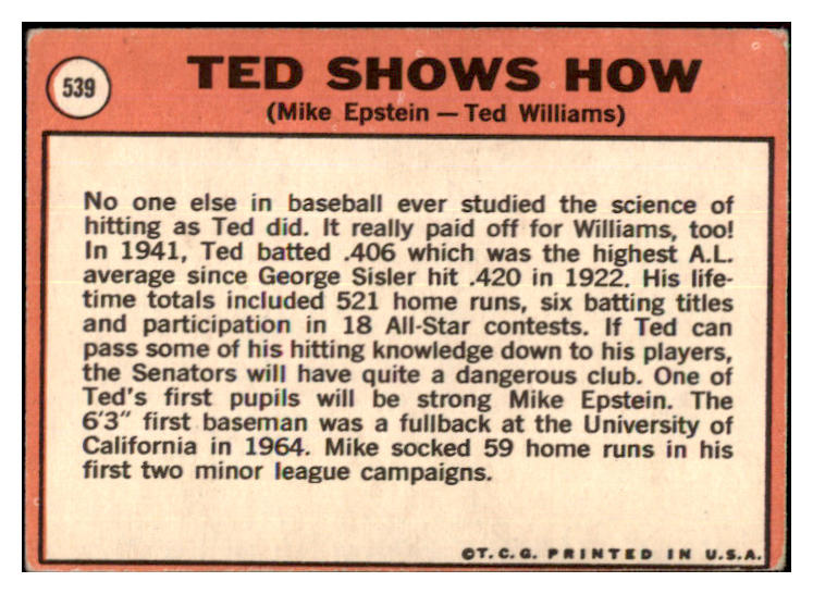 1969 Topps Baseball #539 Ted Williams Mike Epstein VG-EX 503699