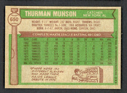 1976 Topps Baseball #650 Thurman Munson Yankees NR-MT 503748