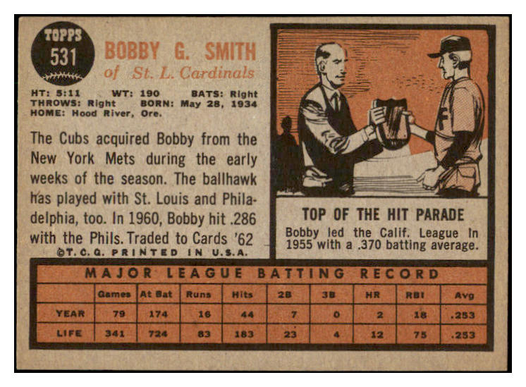 1962 Topps Baseball #531 Bobby Smith Cardinals EX-MT 504023
