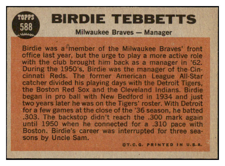 1962 Topps Baseball #588 Birdie Tebbetts Braves EX-MT 504039